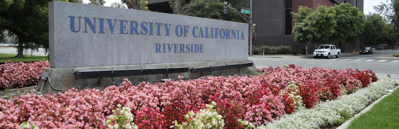 Sign at entrance to campus with flowers