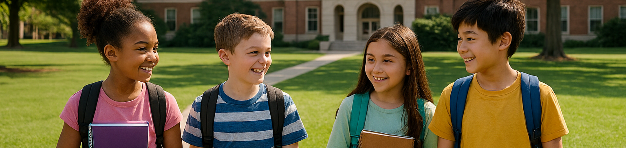 Four Children walking on a campus pathway