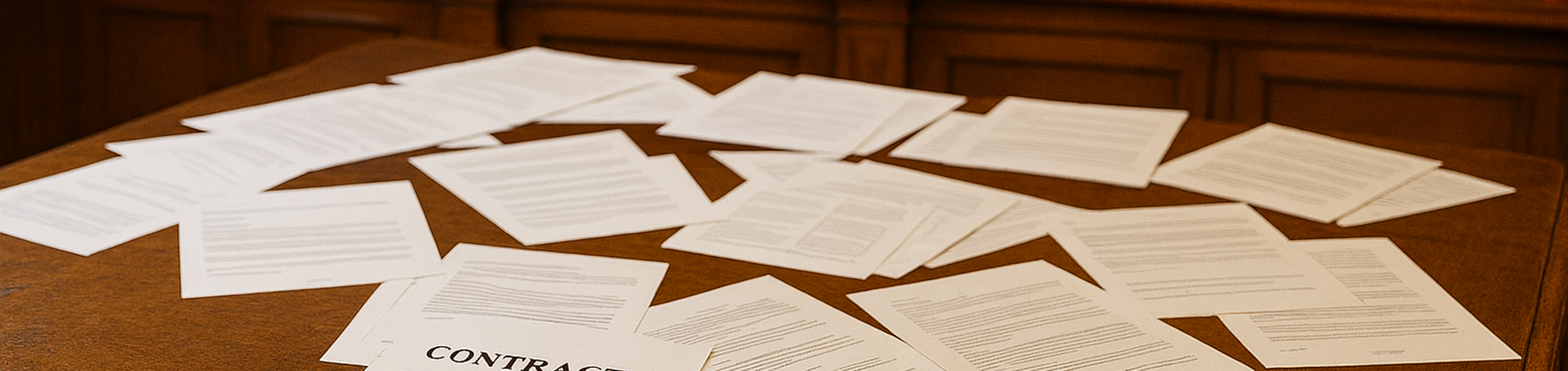 Paper contracts sitting on a wood desk in a library