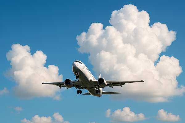 Air plane taking off with clouds