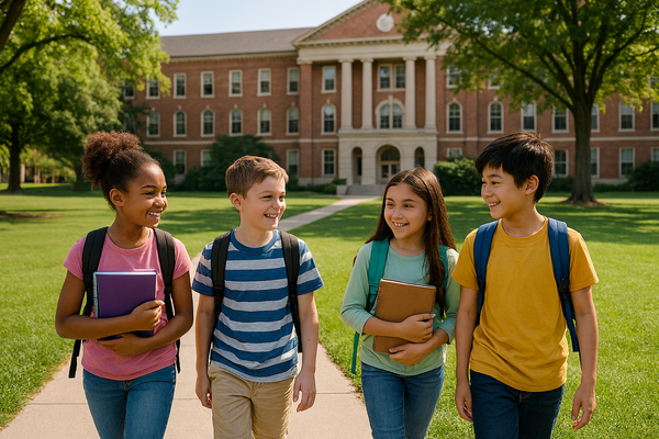 Four Children walking on a campus pathway