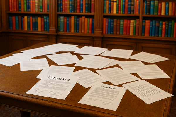 Paper contracts sitting on a wood desk in a library