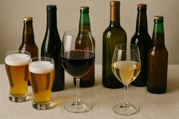 Bottles and glasses of wine and beer